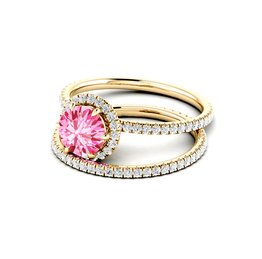 Pink Spinel Ring, Spinel Engagement Ring Set, Full Eternity Wedding