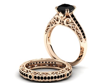 Black Stone Wedding Ring / Solitaire Ring Set / Black Onyx Ring Set / Onyx Ring For Women / Onyx Ring Women / 14k 18k Rose Gold Filled
