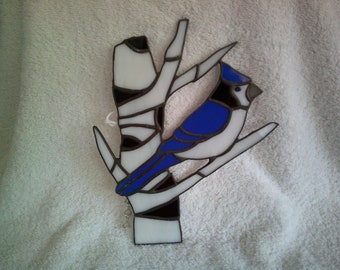 Stained Glass Bluejay on a Birch Tree Suncatcher