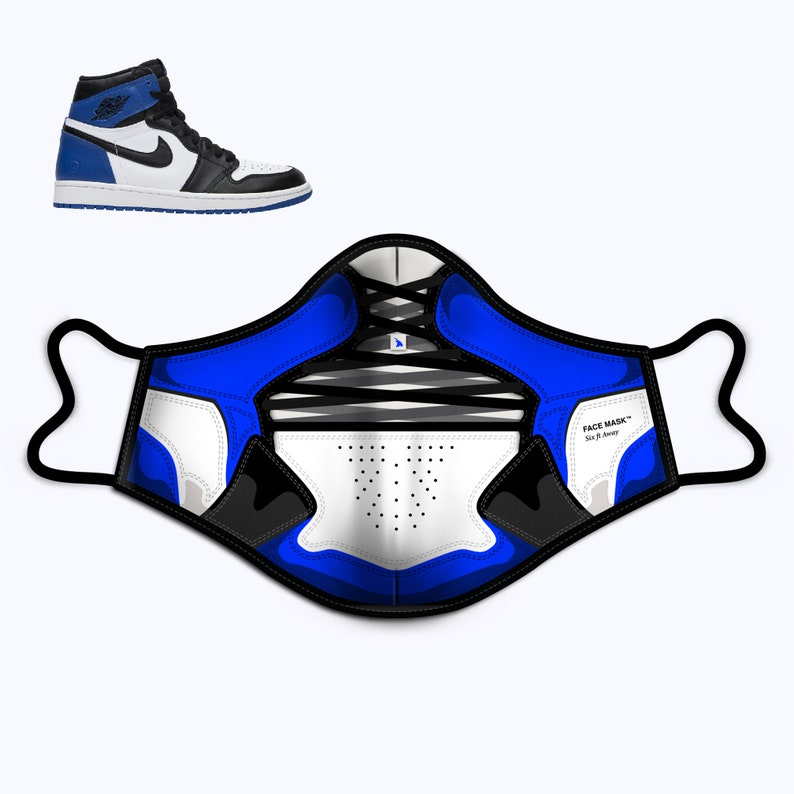 May include: A blue and black face mask with a white and black sneaker design. The mask has the text "FACE MASK" and "Stay Safe Always" printed on it.