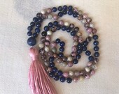 Mala of Protection and Compassion Lapis Lazuli, Rhodonite and White African Opal