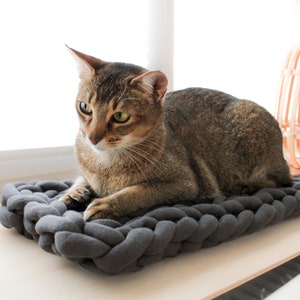 May include: A brown tabby cat with green eyes is lying on a grey knitted cat bed. The cat is looking down and to the left.