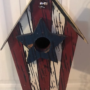 Vintage/Patriotic Birdhouse Windchime with metal License plate, Red, White & Blue Birdhouse and Sparkling Beads.  Garden, Deck, Window, Gift