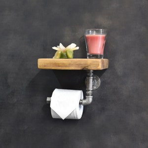 Big Rustic Toilet Roll Holder with shelf | Wooden Shelf D17cm, Th4.5cm, L25cm with hook | Industrial Toilet Roll Holder with shelf