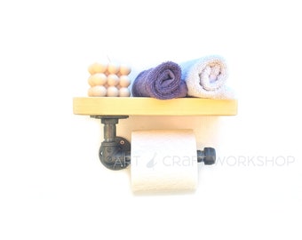 Kleiner Toilettenpapierhalter mit Regal | Ablage für Badezimmer D15cm x Th2,7 cm x L25cm | Industrieller Wand-Toilettenpapierhalter mit Holzablage
