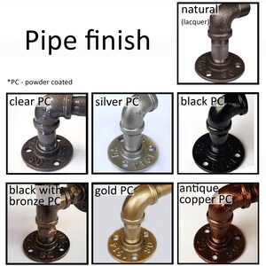 May include: A collage of images showing different finishes for pipe fittings. The finishes include natural (lacquer), clear powder coated, silver powder coated, black powder coated, black with bronze powder coated, gold powder coated, and antique copper powder coated.