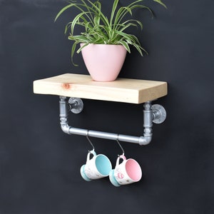 Rustic shelf with Towel Rail | Industrial Shelf with Rack | Towel holder with Shelf | Shelf with pipe holder | L45cm x W15cm x T4.5cm