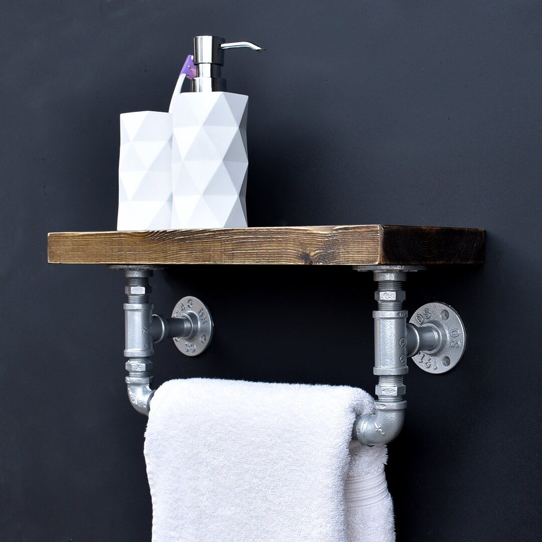 Wooden Shelf With Towel Rail Industrial Towel Holder With Etsy