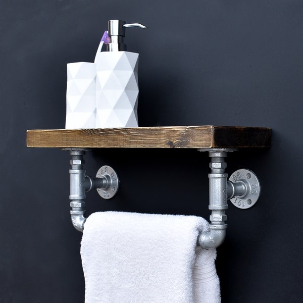 Wooden shelf with towel Rail | Industrial Towel Holder With Shelf 45cm long| Shelf with rail | Bathroom shelf Wooden towel rack rail