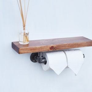 Toilet Paper Holder with shelf L35cm x W15cm x T3.2cm | Loft Industrial design toilet roll holder | Black Pipe Loo Roll Holder for bathroom