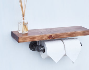 Toilet Paper Holder with shelf L35cm x W15cm x T2.7cm | Loft Industrial design toilet roll holder | Black Pipe Loo Roll Holder for bathroom