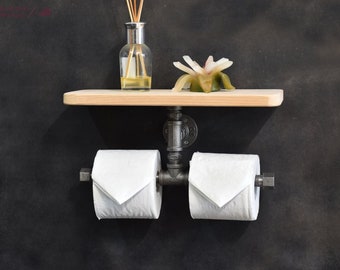 Industrial Double Toilet Roll Holder with Wooden Shelf – Handmade Bathroom Storage