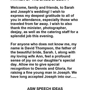 Pode incluir: Um documento impresso intitulado FATHER OF THE BRIDE SPEECH 1. O texto inclui uma introdução de discurso de casamento de David Thompson, dando as boas-vindas aos convidados ao casamento de Sarah e Joseph, agradecendo aos fornecedores e mencionando Ann, Dennis e Gloria. ASW SPEECH IDEAS.