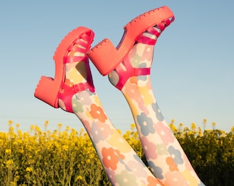 Flare The Label Giant Bloom Tights, Hand printed Tights, 70s Inspired tights, funky tights, high quality retro print, exclusive Flower power