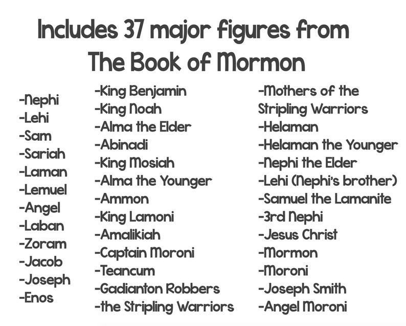 Puede incluir: Una lista en blanco y negro de 37 figuras importantes del Libro de Morm&oacute;n. La lista incluye nombres como Nefi, Lehi, Sam, Sar&iacute;ah, Lam&aacute;n, Lemuel, &Aacute;ngel, Lab&aacute;n, Zoram, Jacob, Jos&eacute;, En&oacute;s, el rey Benjam&iacute;n, el rey No&eacute;, Alma el Viejo, Abinad&iacute;, el rey Mos&iacute;ah, Alma el Joven, Amm&oacute;n, el rey Lamoni, Amalikiah, el capit&aacute;n Moroni, Teancum, los ladrones de Gadiant&oacute;n, los guerreros stripling, las madres de los guerreros stripling, Helam&aacute;n, Helam&aacute;n el Joven, Nefi el Viejo, Lehi (el hermano de Nefi), Samuel el lamanita, 3er Nefi, Jesucristo, Morm&oacute;n, Moroni, Jos&eacute; Smith y el &aacute;ngel Moroni.