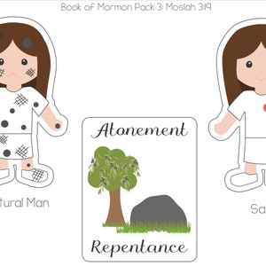 May include: Two cartoon illustrations of people, one with a dirty appearance and the other clean. The dirty person represents the "Natural Man" and the clean person represents a "Saint". A card with a tree and a rock is labeled "Atonement" and "Repentance".