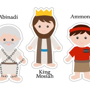 Puede incluir: Tres ilustraciones de dibujos animados de figuras b&iacute;blicas: Abinad&iacute; en cadenas, el rey Mos&iacute;ah con una corona y Amm&oacute;n con una camisa roja con la palabra "Misionero" en ella.