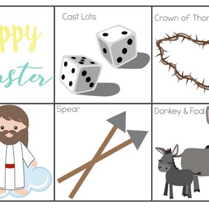May include: A colourful illustration of Easter symbols, including a crown of thorns, a spear, a donkey and foal, dice, and a depiction of Jesus Christ. The text "Happy Easter" is written in yellow and blue.