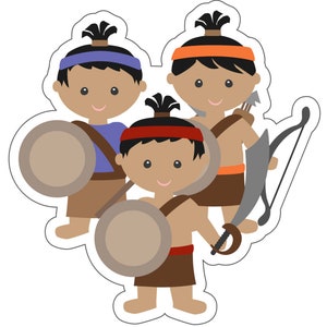 Puede incluir: Tres ilustraciones de dibujos animados de ni&ntilde;os ind&iacute;genas americanos con ropa tradicional. Un ni&ntilde;o sostiene un escudo, otro sostiene un arco y una flecha, y el tercero sostiene una espada.