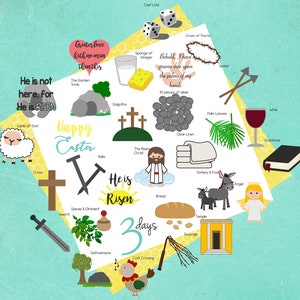 May include: A colourful illustration depicting the story of Easter. The image includes symbols such as a cross, a lamb, a crown of thorns, a tomb, a spear, a loaf of bread, a donkey, and an angel. The text "He is Risen" is featured in the centre of the image.