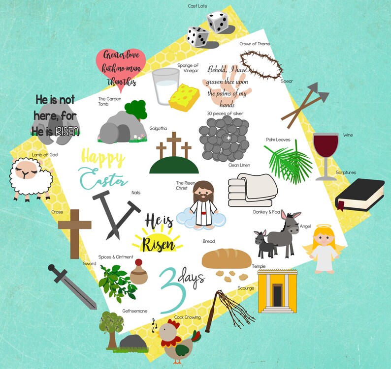 May include: A colourful illustration depicting the story of Easter. The image includes symbols such as a cross, a lamb, a crown of thorns, a tomb, a spear, a loaf of bread, a donkey, and an angel. The text "He is Risen" is featured in the centre of the image.