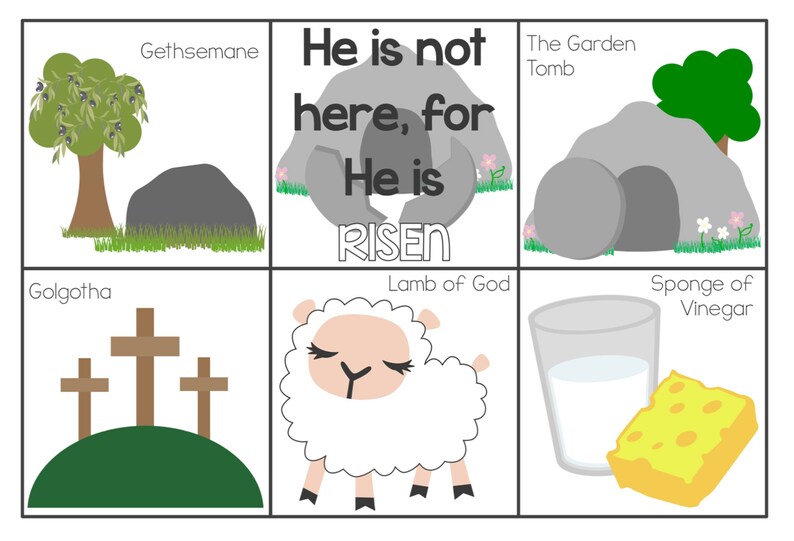 May include: A colourful illustration depicting scenes from the Easter story. The image includes a garden with a tree, a tomb, a cross, a lamb, a glass of water, and a sponge. The text reads "He is not here, for He is RISEN".
