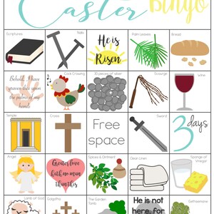 May include: A colourful Easter Bingo card with images and text relating to the Easter story. The card includes images of a cross, nails, a crown of thorns, a temple, a lamb, a garden tomb, and more. The text on the card includes phrases like "He is Risen" and "Greater love hath no man than this".