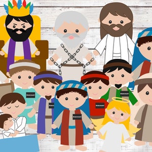 May include: A set of 15 cartoon characters dressed in various costumes, including a king, a prisoner, a shepherd, and a baby. The characters are all smiling and have large eyes. The background is a white wooden plank wall.