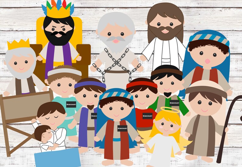 May include: A set of 15 cartoon characters dressed in various costumes, including a king, a prisoner, a shepherd, and a baby. The characters are all smiling and have large eyes. The background is a white wooden plank wall.