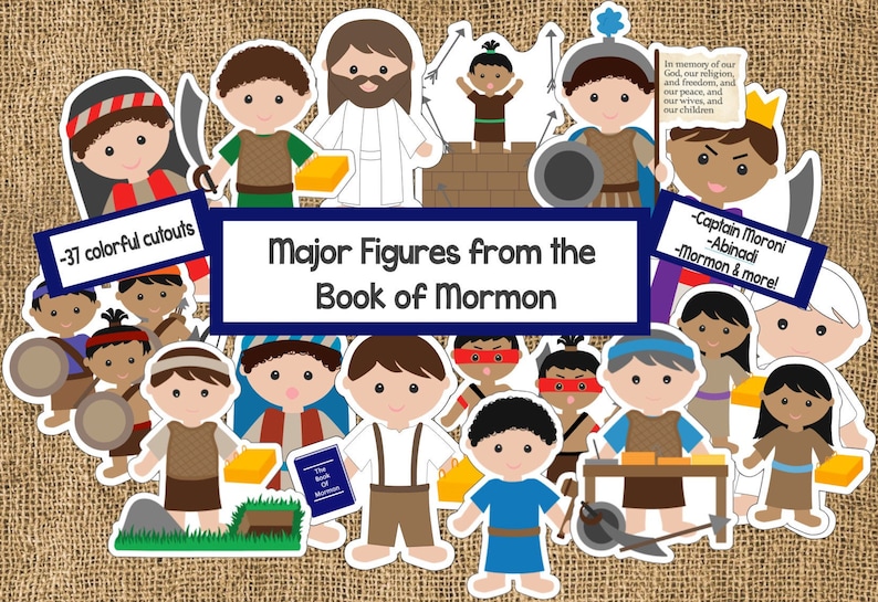 Puede incluir: Un conjunto de 37 recortes de papel coloridos de personajes importantes del Libro de Morm&oacute;n. Los recortes est&aacute;n ilustrados en un estilo de dibujos animados e incluyen personajes como el Capit&aacute;n Moroni, Abinadi y Morm&oacute;n.