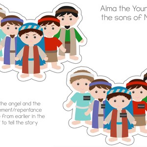 May include: Illustration of Alma the Younger and the sons of Mosiah. The image shows seven cartoon figures with brown hair and beards, wearing blue, red, and green clothing. The text "Alma the Younger & the sons of Mosiah" is written above the figures.