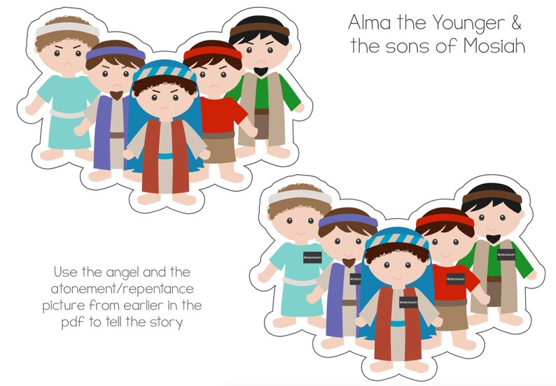 May include: Illustration of Alma the Younger and the sons of Mosiah. The image shows seven cartoon figures with brown hair and beards, wearing blue, red, and green clothing. The text "Alma the Younger & the sons of Mosiah" is written above the figures.