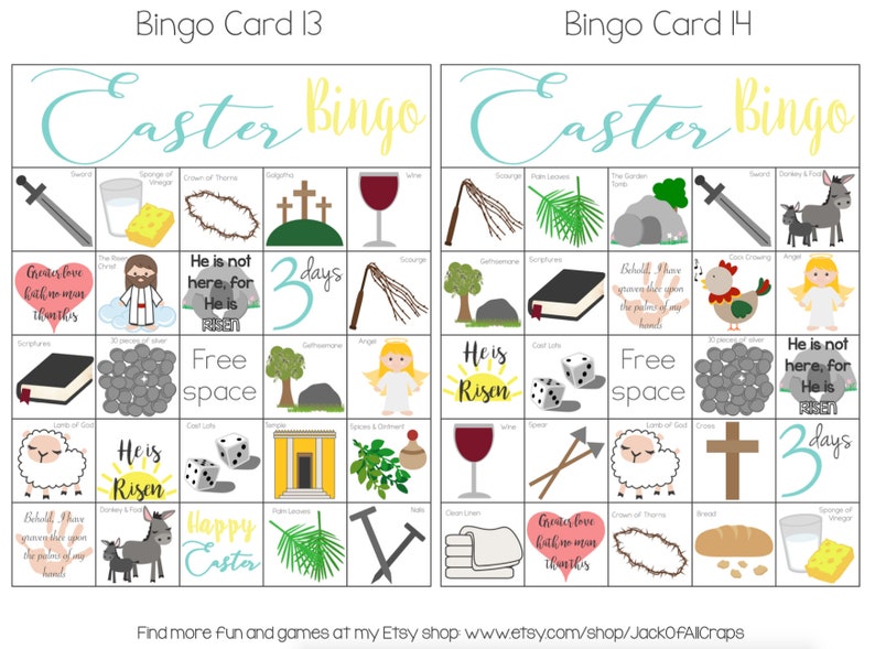May include: Two Easter Bingo cards with a colourful design. Each card has a 5x5 grid with images related to the Easter story, such as a crown of thorns, a cross, a tomb, and a lamb. The centre square of each card says "Free Space".