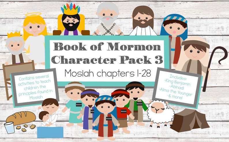 May include: A colorful illustration of characters from the Book of Mormon, specifically from the Mosiah chapters 1-28. The illustration includes King Benjamin, Abinad, Alma the Younger, and more. The text "Book of Mormon Character Pack 3" is displayed in a blue and white frame.