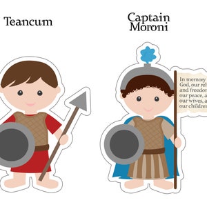 Puede incluir: Dos ilustraciones de dibujos animados de hombres con armadura sosteniendo armas. El hombre de la izquierda se llama Teancum y sostiene una lanza. El hombre de la derecha se llama Capit&aacute;n Moroni y sostiene una bandera con el texto "En memoria de nuestro Dios, nuestra religi&oacute;n, y la libertad, y nuestra paz, y nuestras esposas, y nuestros hijos".