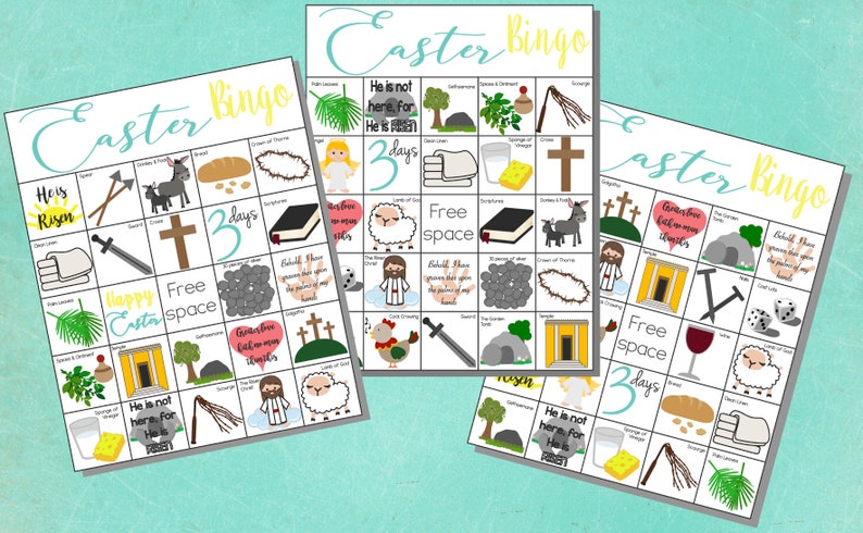 May include: Three printable Easter Bingo cards with images and text related to the Easter story. The cards feature images of a cross, a lamb, a dove, a crown of thorns, a tomb, and a palm branch. The text on the cards includes phrases like "He is not here, for He is risen", "3 days", and "Free space".