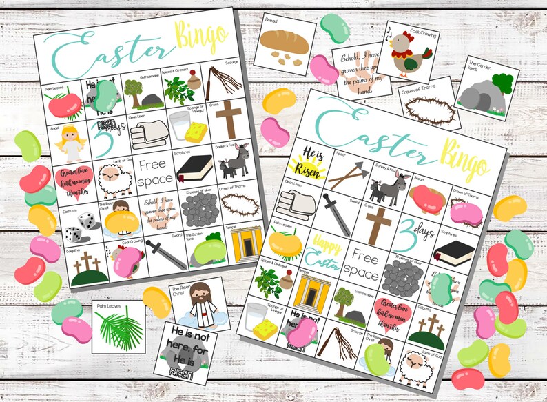 May include: Two printable Easter bingo cards featuring a range of images connected to the Easter story. The cards are surrounded by jelly beans in a variety of colours. The cards include images such as a cross, a crown of thorns, a lamb, a garden tomb, and a palm branch.