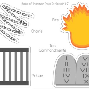 May include: A printable set of images for a Book of Mormon lesson. The images include chains, fire, a prison, and the Ten Commandments.