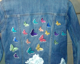 One-of-a-Kind Old Navy Handsewn Butterflies & Roses Women's Jean Jacket Size M