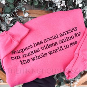 May include: A bright pink sweatshirt with the text "Suspect has social anxiety but makes videos online for the whole world to see." The brand name "THEHIKINGHOUNDS.CO" is printed at the bottom. The sweatshirt is displayed against a backdrop of greenery.