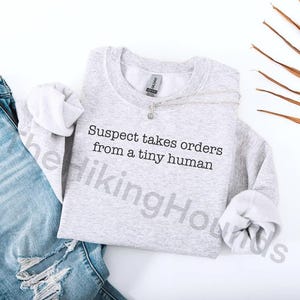 May include: A gray sweatshirt with the text "Suspect takes orders from a tiny human" printed on the front.