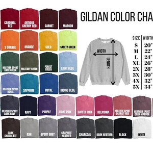 May include: Gildan color chart showing a variety of colors for t-shirts. The chart includes a size chart with measurements in inches for width and length. Sizes range from S to 5X.