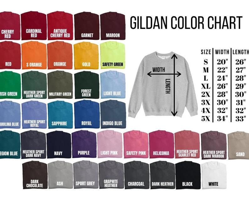 May include: Gildan color chart showing a variety of colors for t-shirts. The chart includes a size chart with measurements in inches for width and length. Sizes range from S to 5X.