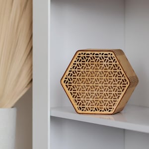 Op de afbeelding: Een zeshoekige houten doos met een geometrisch patroon dat in de voorkant is gegraveerd. De doos is lichtbruin en staat op een witte plank.