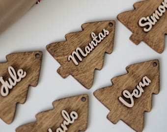 Personalized Wooden Christmas Gift Tags – Custom Name Tree Shaped Holiday Tag, Rustic Xmas Present Decoration