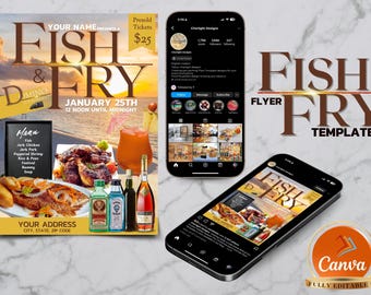 May include: A flyer template for a Fish & Fry event with a menu featuring jerk chicken, jerk pork, peppered shrimp, rice and peas, festival, and festival soup. The flyer is designed in a brown and gold color scheme with a sunset background. The text on the flyer reads "Fish & Fry" and "January 25th, 12 noon until midnight".