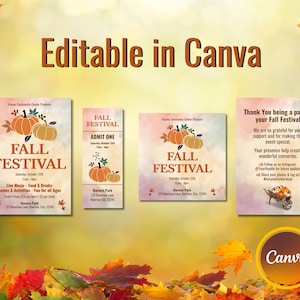 Editable Fall Festival Flyer Bundle | Canva Templates Ticket, IG Post & Thank You Card | Autumn Event Printable
