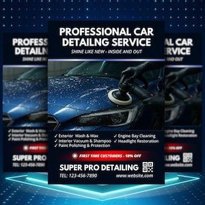 May include: A promotional flyer for Super Pro Detailing, showcasing professional car detailing services. The flyer features a blue car being polished, with text highlighting services like exterior wash, interior vacuum, and headlight restoration. The flyer includes contact information.