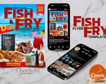 May include: A flyer for a Fish & Fry event with a domino tournament. The flyer is red, white, and blue with a beach background. It says "Your Name Presents A Fish & Fry" and "January 25th 12 Noon Until Midnight".