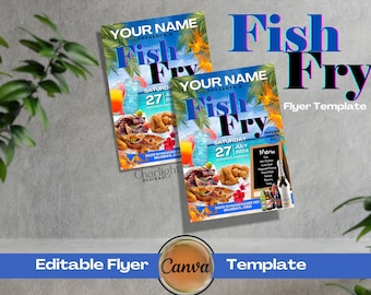 May include: Two colorful flyers for a "Fish Fry" event. The flyers feature images of food, drinks, and tropical elements. The text includes "Your Name Presents", "Saturday 27 July 2024", and "Menu". The flyers are a Canva template.